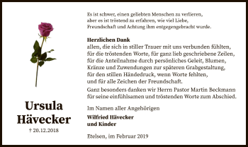 Traueranzeige von Ursula Hävecker von SYK