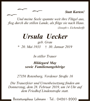Traueranzeige von Ursula Uecker von SYK