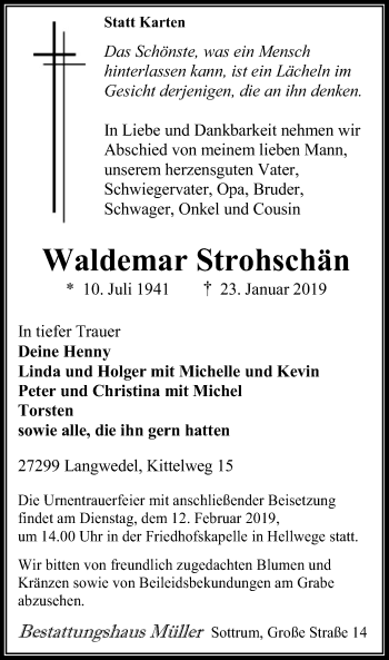 Traueranzeige von Waldemar Strohschän von SYK