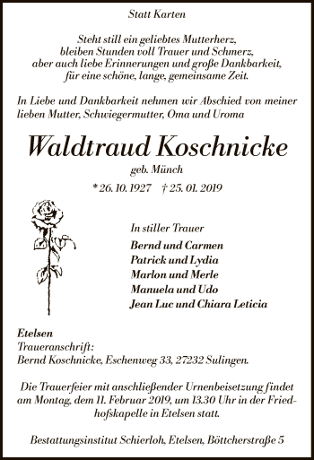 Traueranzeige von Waldtraud Koschnicke von SYK