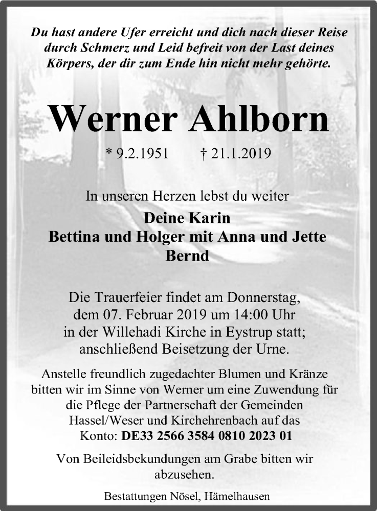  Traueranzeige für Werner Ahlborn vom 02.02.2019 aus SYK