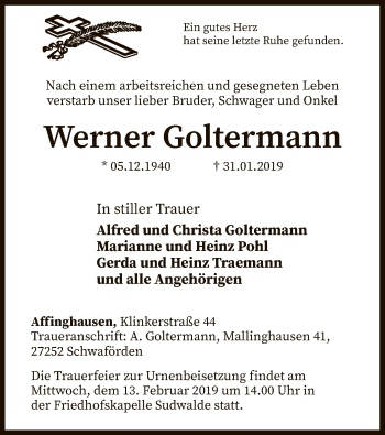 Traueranzeige von Werner Goltermann von SYK