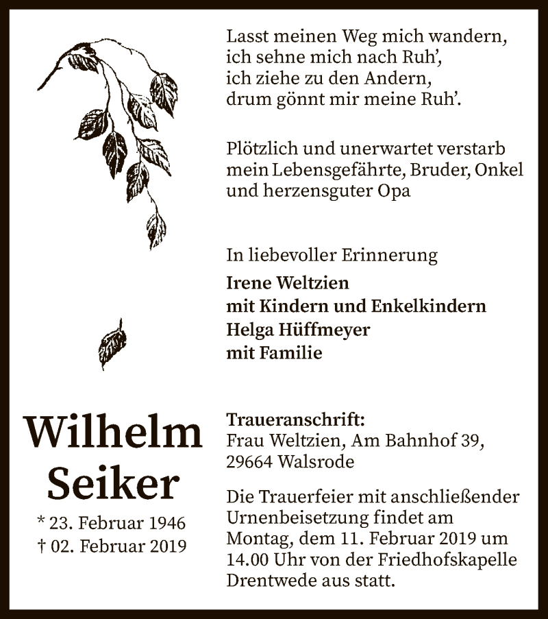  Traueranzeige für Wilhelm Seiker vom 05.02.2019 aus SYK