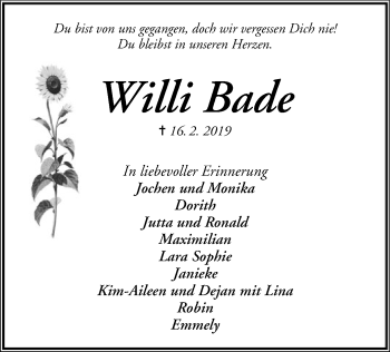 Traueranzeige von Willi Bade von SYK