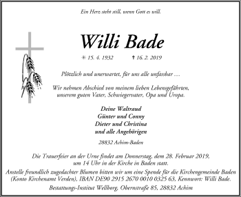 Traueranzeige von Willi Bade von SYK