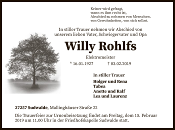 Traueranzeige von Willy Rohlfs von SYK