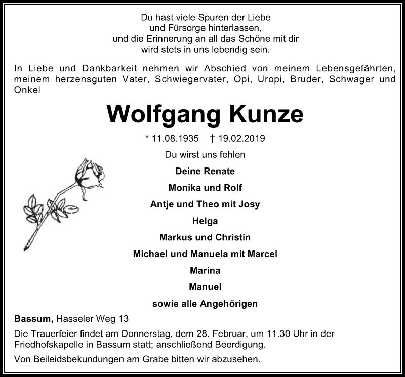  Traueranzeige für Wolfgang Kunze vom 21.02.2019 aus SYK