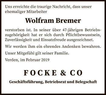 Traueranzeige von Wolfram Bremer von SYK