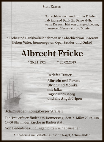 Traueranzeige von Albrecht Fricke von SYK