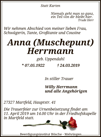 Traueranzeige von Anna Herrmann von SYK