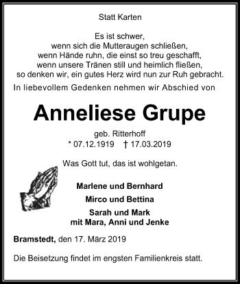 Traueranzeige von Anneliese Grupe von SYK