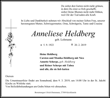 Traueranzeige von Anneliese Heldberg von SYK