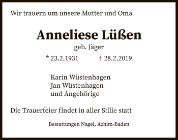 Traueranzeige von Anneliese Lüßen von SYK