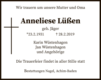 Traueranzeige von Anneliese Lüßen von SYK