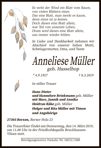 Traueranzeige von Anneliese Müller von SYK