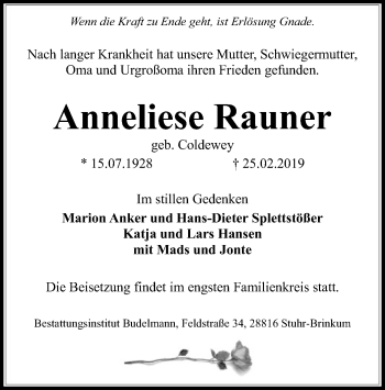 Traueranzeige von Anneliese Rauner von SYK