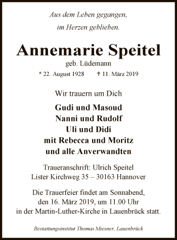 Traueranzeige von Annemarie Speitel von SYK