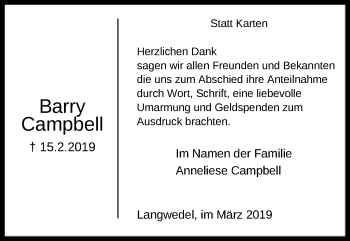 Traueranzeige von Barry Campbell von SYK