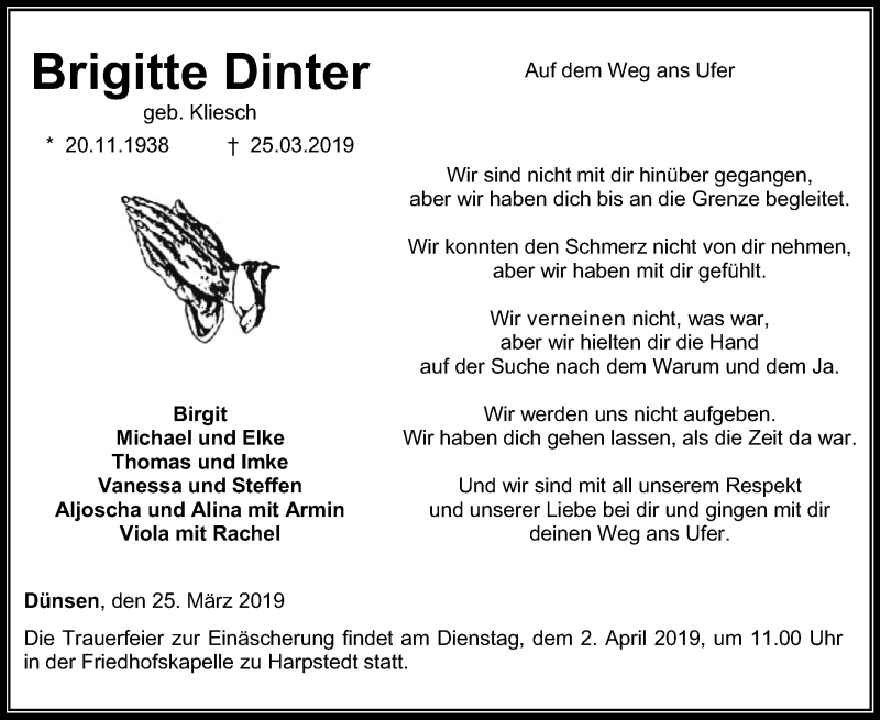  Traueranzeige für Brigitte Dinter vom 27.03.2019 aus SYK