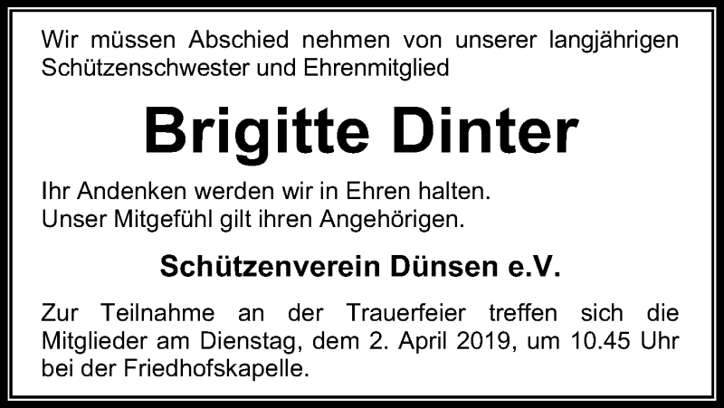  Traueranzeige für Brigitte Dinter vom 27.03.2019 aus SYK