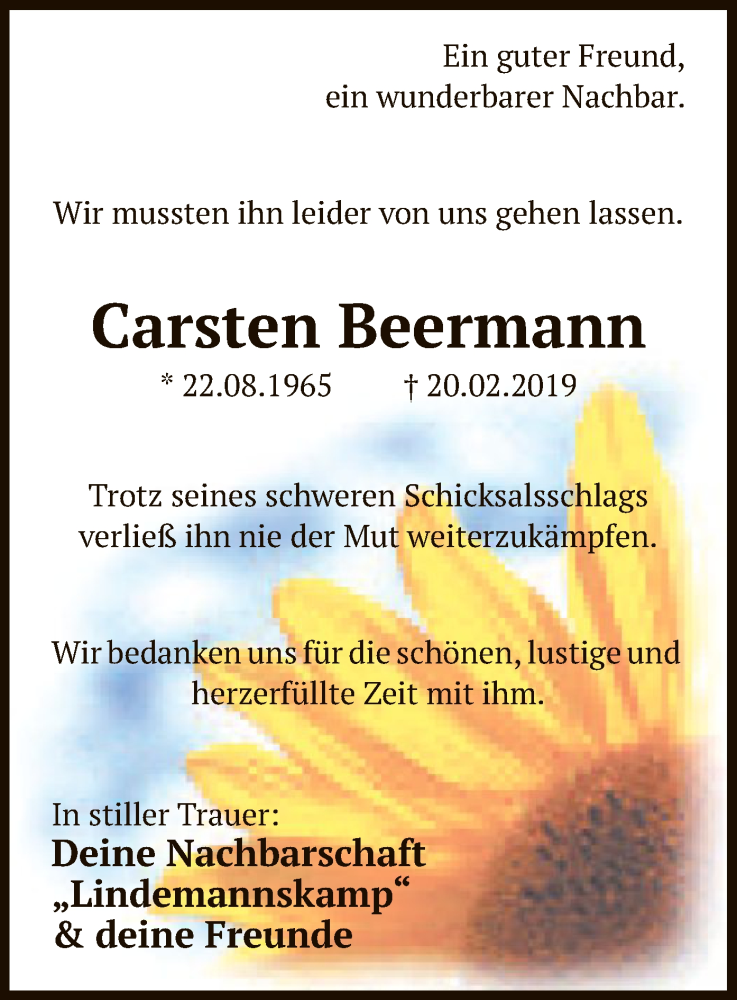  Traueranzeige für Carsten Beermann vom 05.03.2019 aus SYK