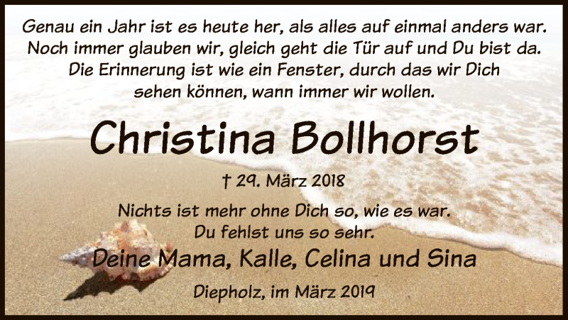  Traueranzeige für Christina Bollhorst vom 29.03.2019 aus SYK