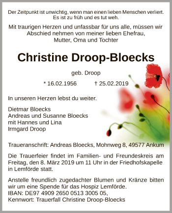 Traueranzeige von Christine Droop-Bloecks von SYK