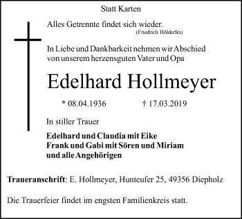 Traueranzeige von Edelhard Hollmeyer von SYK