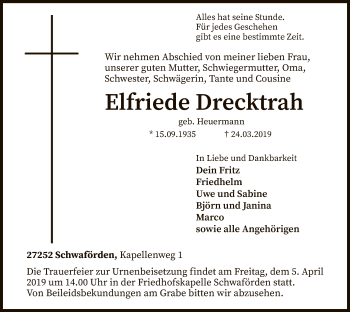 Traueranzeige von Elfriede Drecktrah von SYK