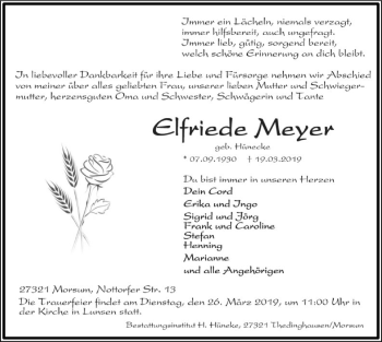 Traueranzeige von Elfriede Meyer von SYK