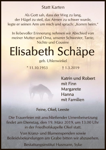 Traueranzeige von Elisabeth Schäpe von SYK