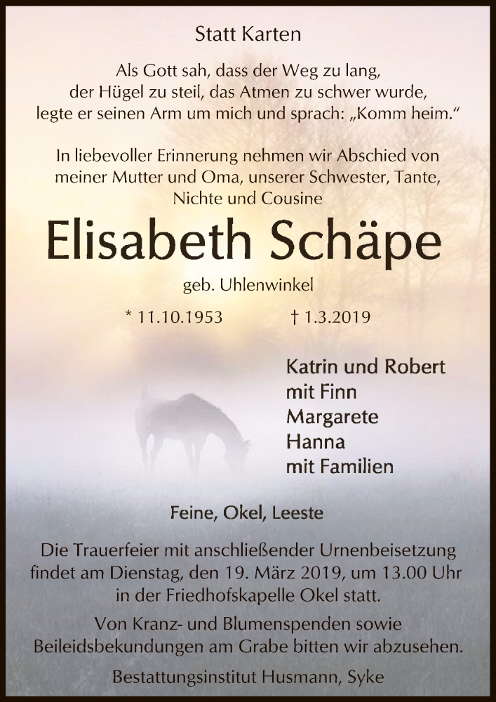 Traueranzeige für Elisabeth Schäpe vom 08.03.2019 aus SYK