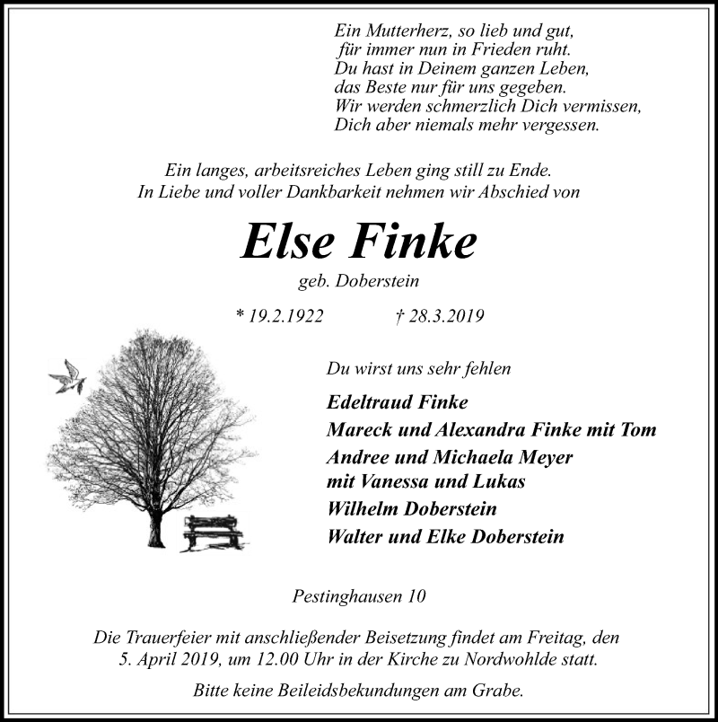  Traueranzeige für Else Finke vom 30.03.2019 aus SYK