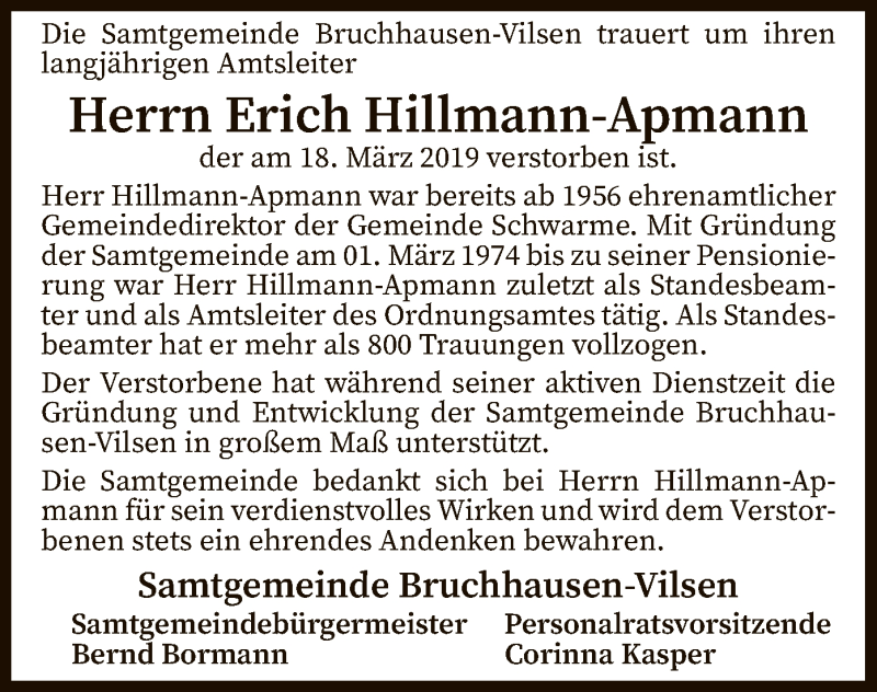  Traueranzeige für Erich Hillmann-Apmann vom 22.03.2019 aus SYK