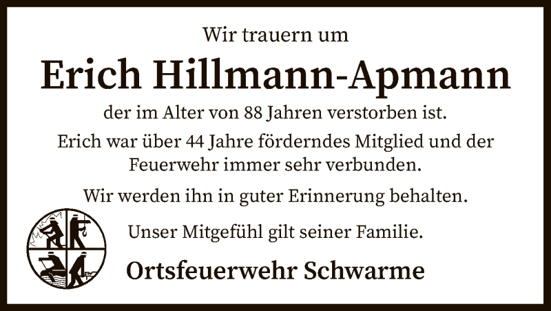  Traueranzeige für Erich Hillmann-Apmann vom 21.03.2019 aus SYK