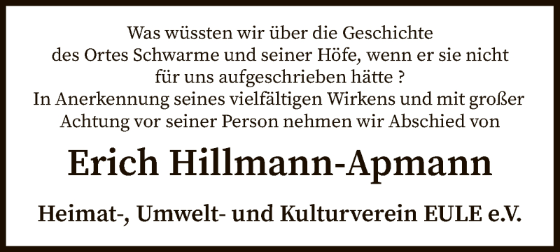  Traueranzeige für Erich Hillmann-Apmann vom 22.03.2019 aus SYK