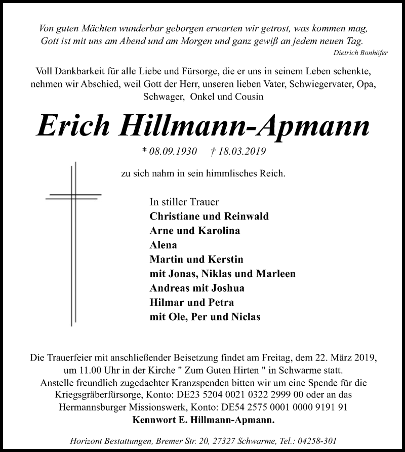  Traueranzeige für Erich Hillmann-Apmann vom 20.03.2019 aus SYK