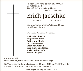 Traueranzeige von Erich Jaeschke von SYK