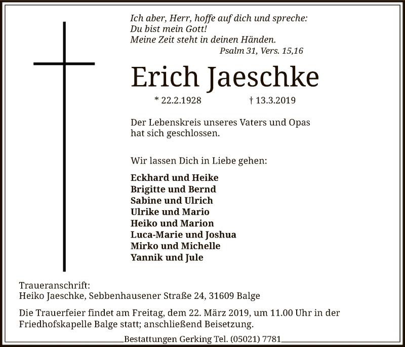  Traueranzeige für Erich Jaeschke vom 16.03.2019 aus SYK