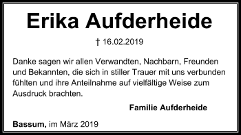 Traueranzeige von Erika Aufderheide von SYK