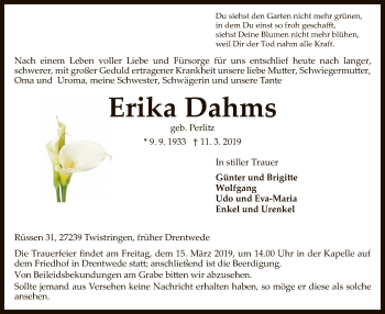 Traueranzeige von Erika Dahms von SYK