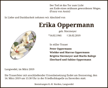 Traueranzeige von Erika Oppermann von SYK