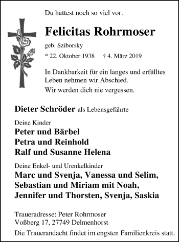Traueranzeige von Felicitas Rohrmoser von SYK