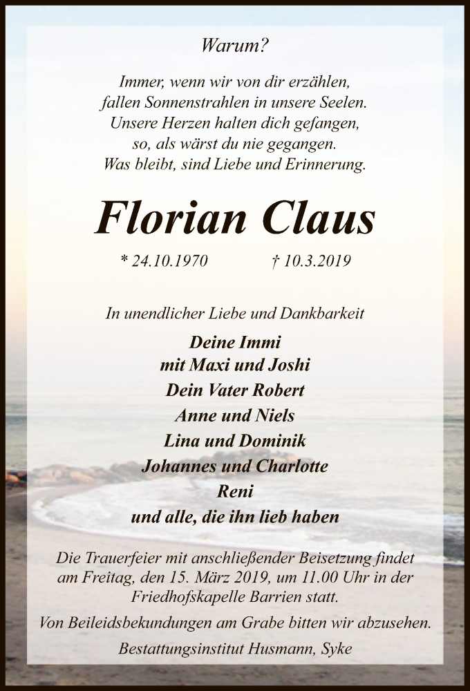  Traueranzeige für Florian Claus vom 13.03.2019 aus SYK