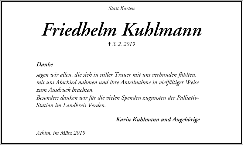  Traueranzeige für Friedhelm Kuhlmann vom 16.03.2019 aus SYK