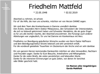 Traueranzeige von Friedhelm Mattfeld von SYK