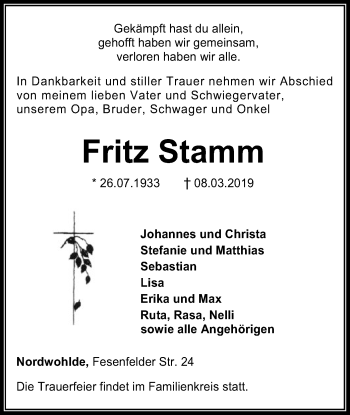 Traueranzeige von Fritz Stamm von SYK