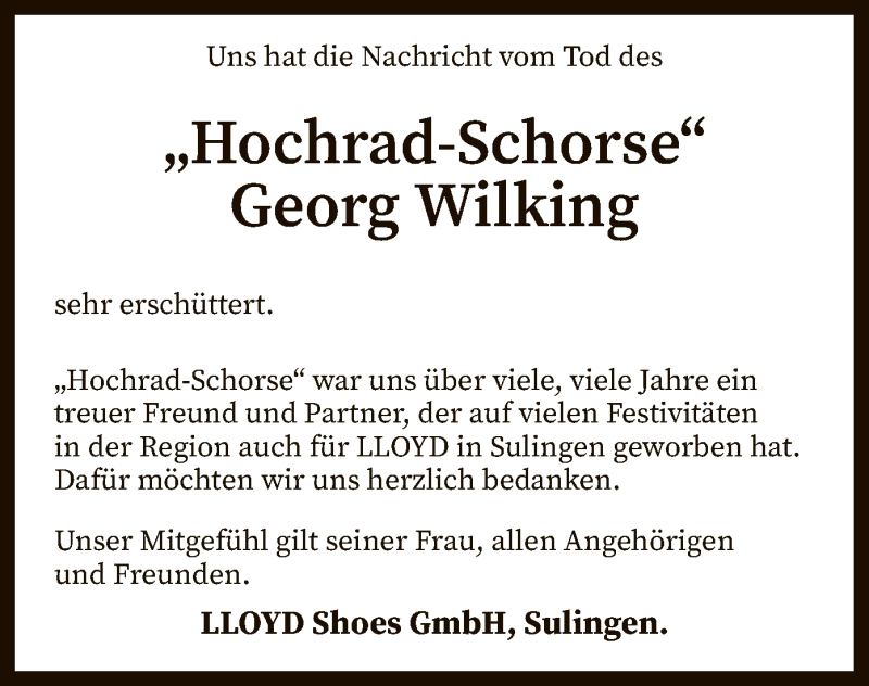  Traueranzeige für Georg Wilking „Hochrad-Schorse“ vom 23.03.2019 aus SYK