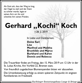 Traueranzeige von Gerhard Koch von SYK