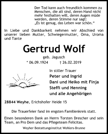 Traueranzeige von Gertrud Wolf von SYK